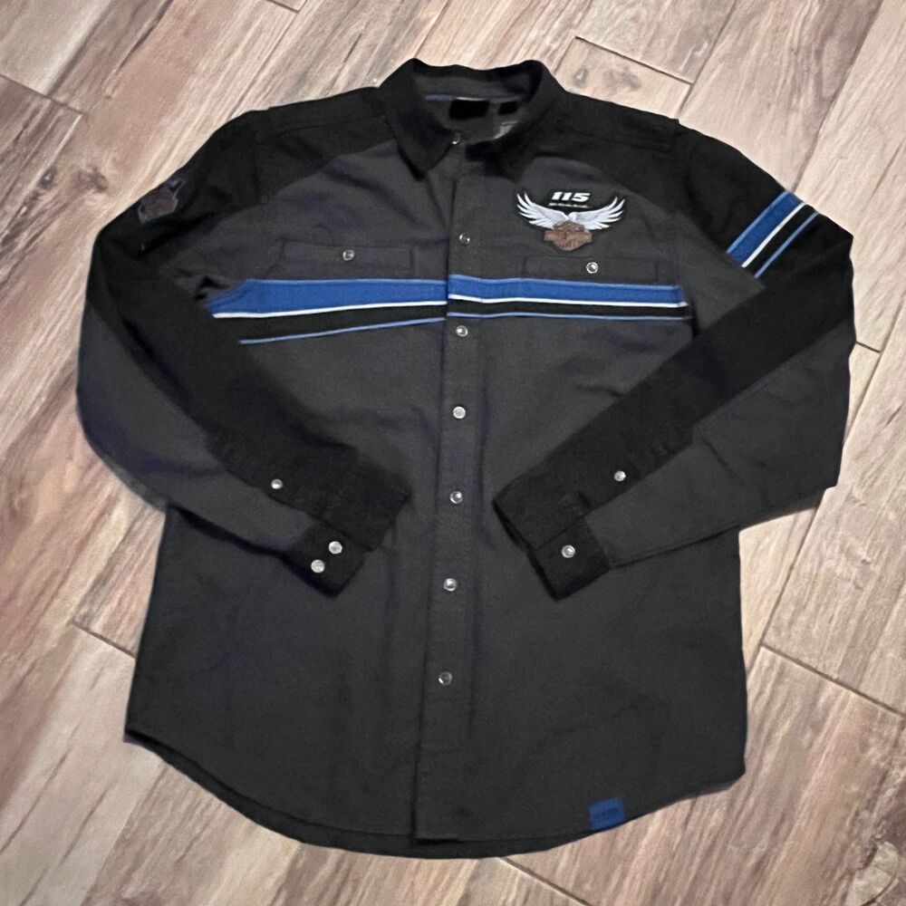 Harley-Davidson 115th Anniversary Mens Gray Black Button Down Large
